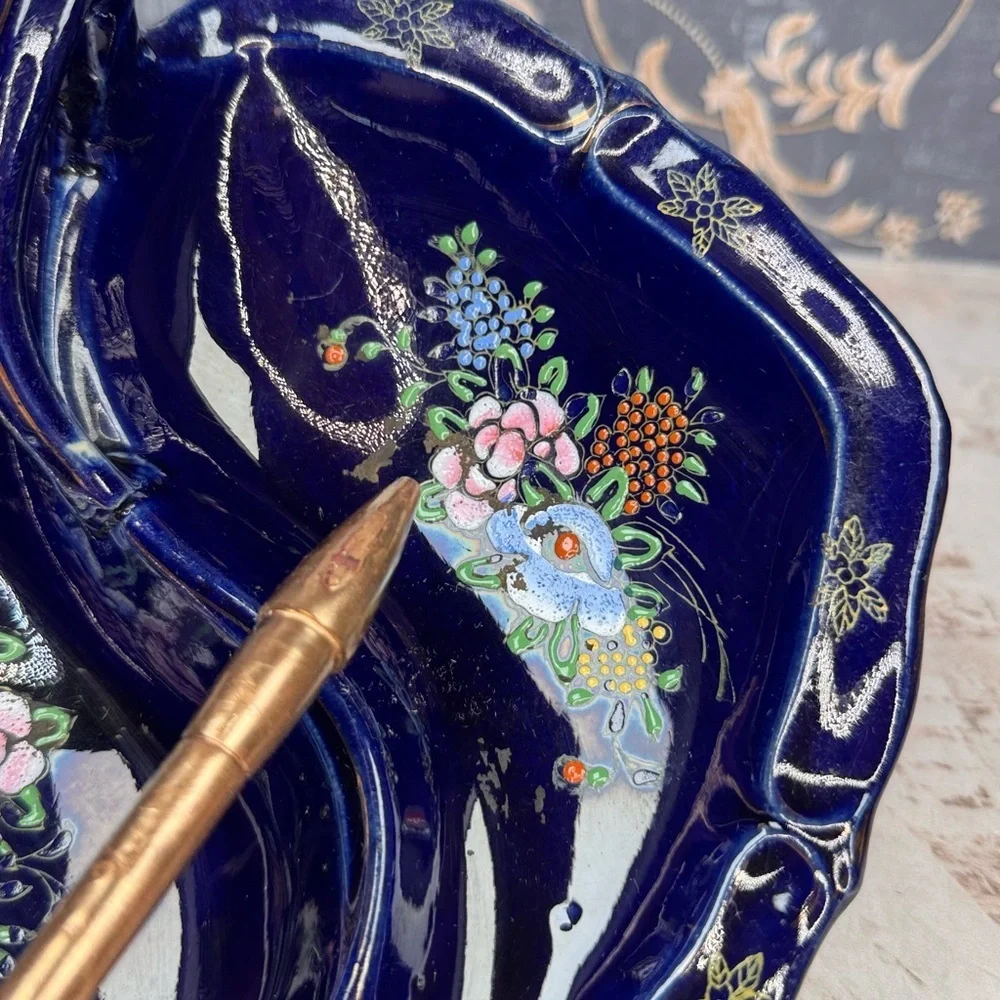 Vintage Tashiro Shoten Japan Cobalt Moriage Divided Candy Nut Dish